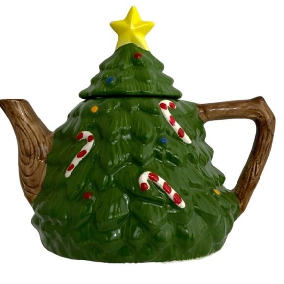 Holiday Teapot Christmas Tree Whimsical Vintage Glazed Ceramic Hand Painted - Picture 11 of 16